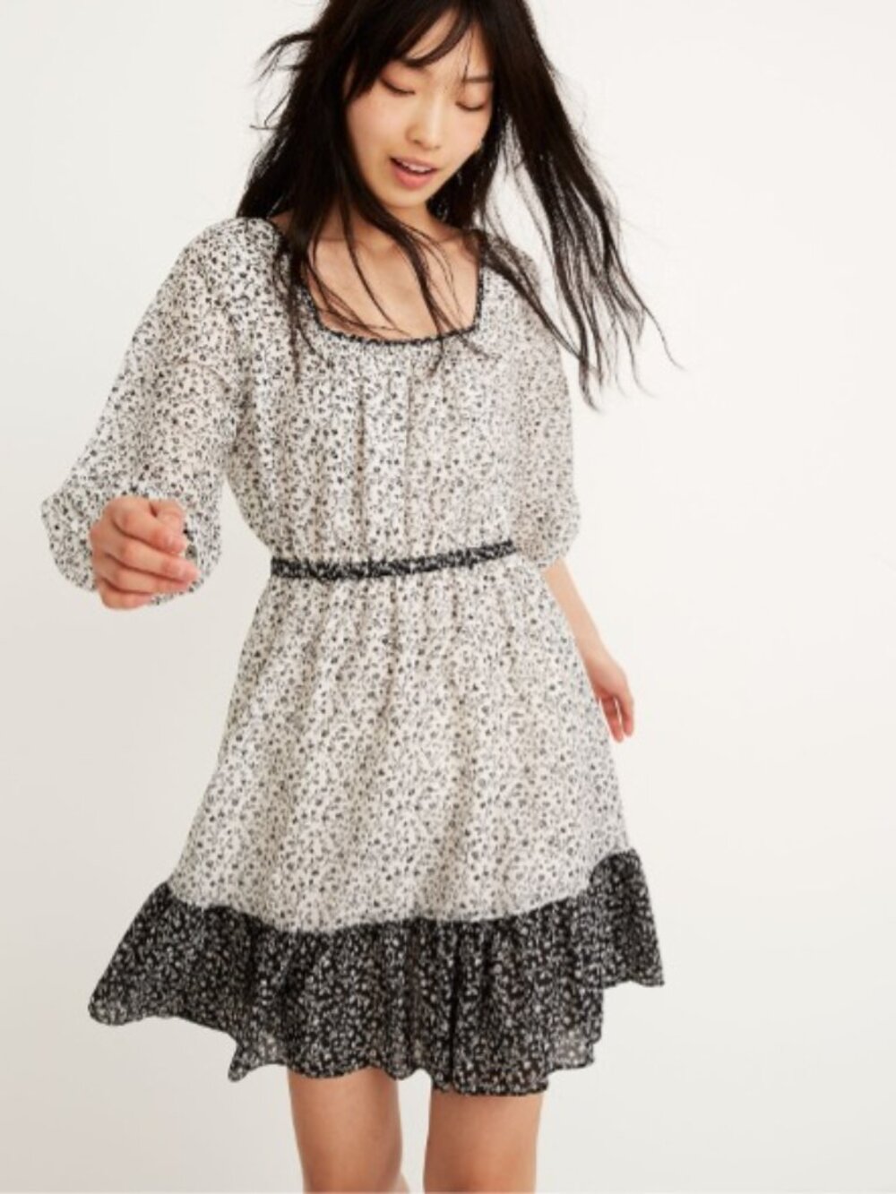 Madewell B&W Pattern-Mix Ruffle-Hem Dress in Garden Toile - Ws Medium